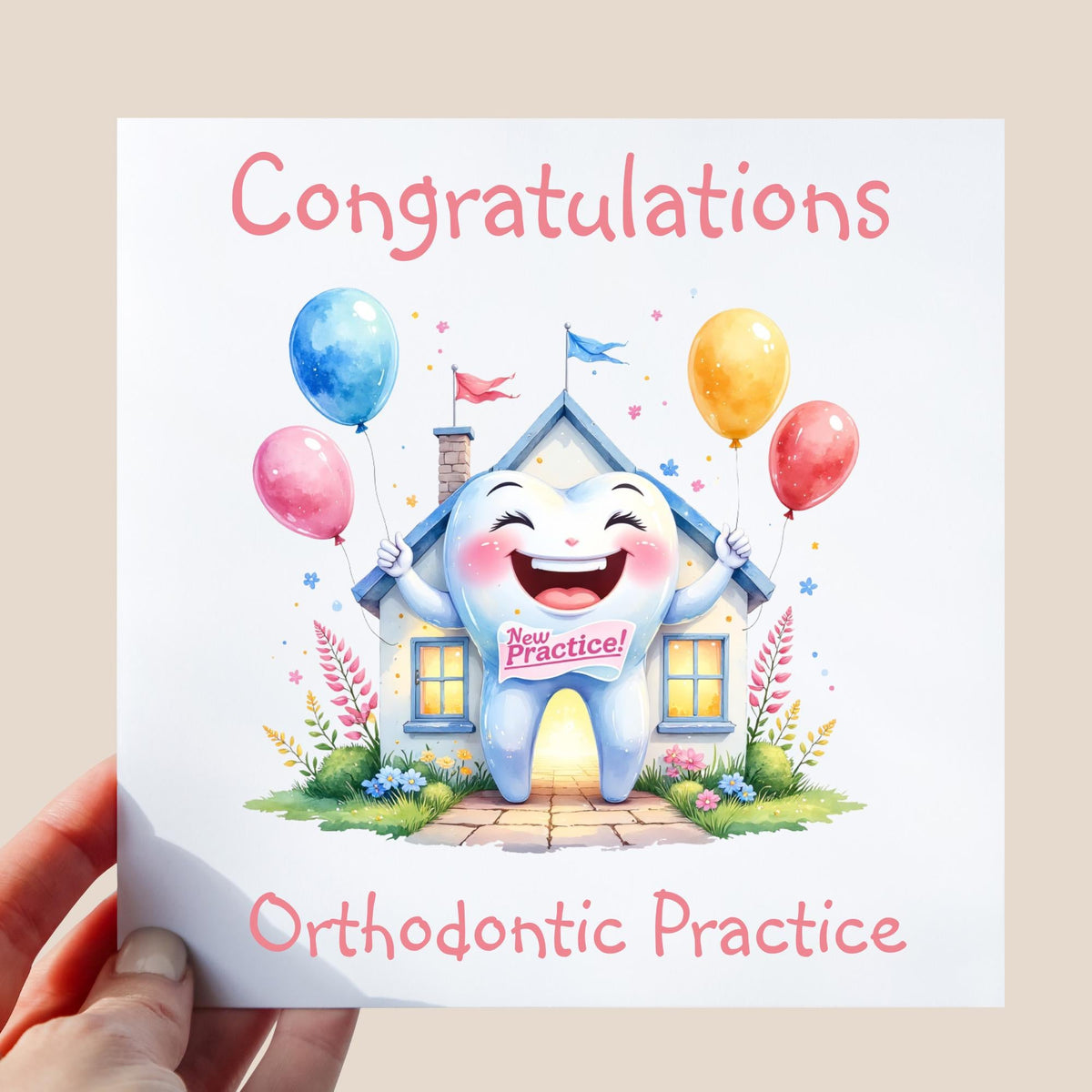 smiling tooth character in illustration style holding balloons outside a dental practice building