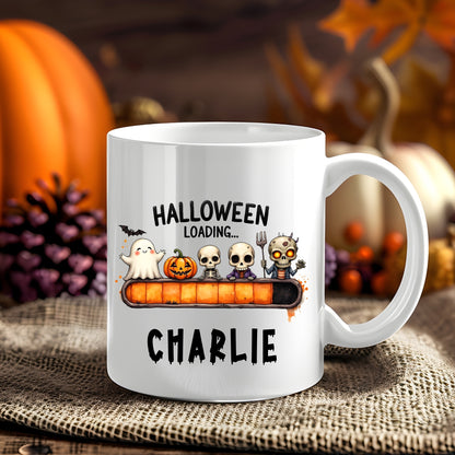 Personalised Witchy Pumpkin Face Halloween 11oz mug showing a smiling jack-o'-lantern with a black witch hat