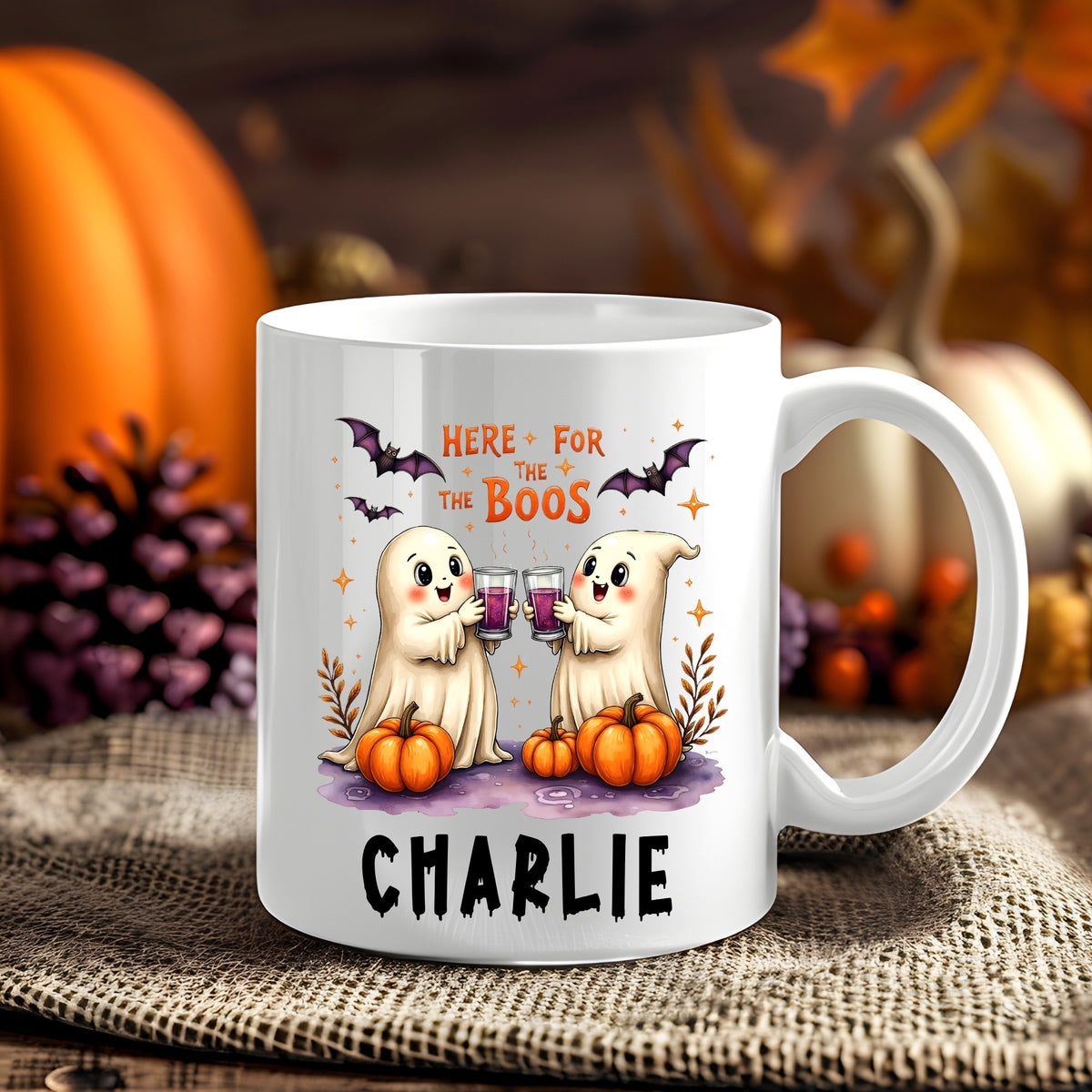 Personalised Here for the Boos Halloween 11oz mug showing two cute ghosts toasting drinks with pumpkins and bats