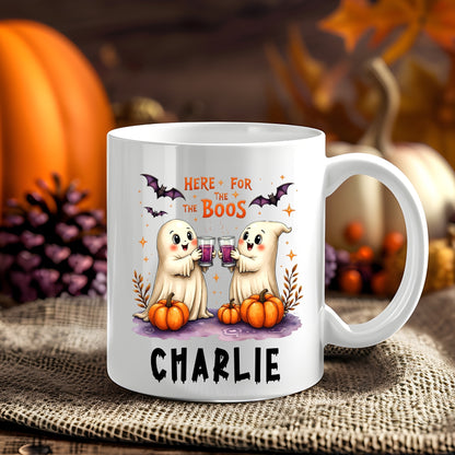 Personalised Here for the Boos Halloween 11oz mug showing two cute ghosts toasting drinks with pumpkins and bats