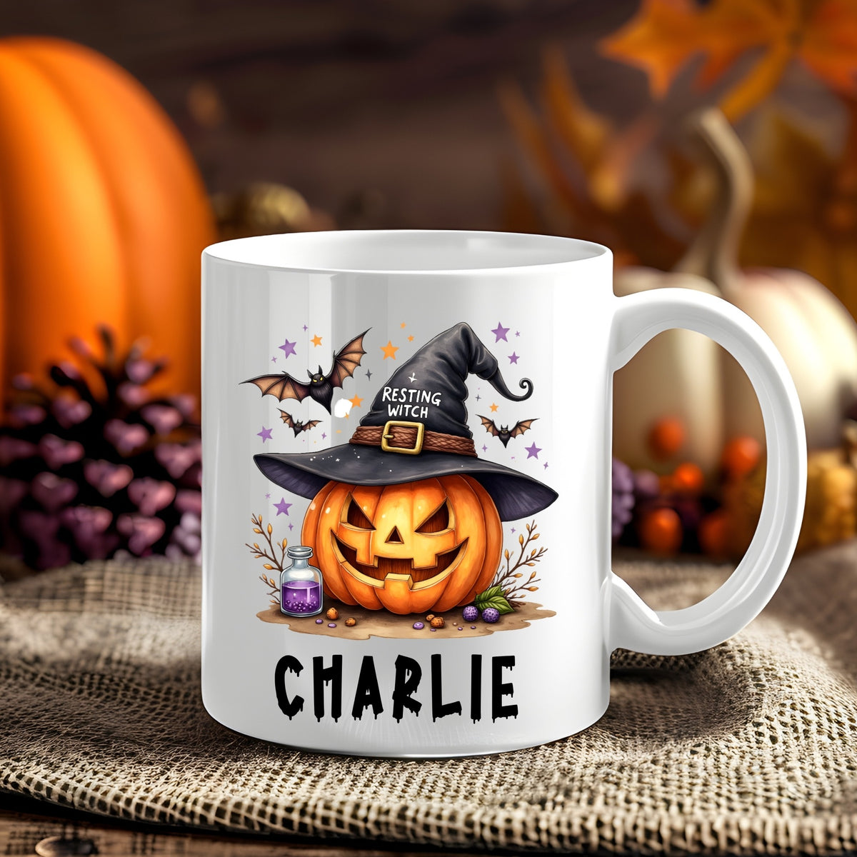 Personalised Ghouls Night Out Halloween 11oz mug showing a colourful ghost gathering beneath a crescent moon