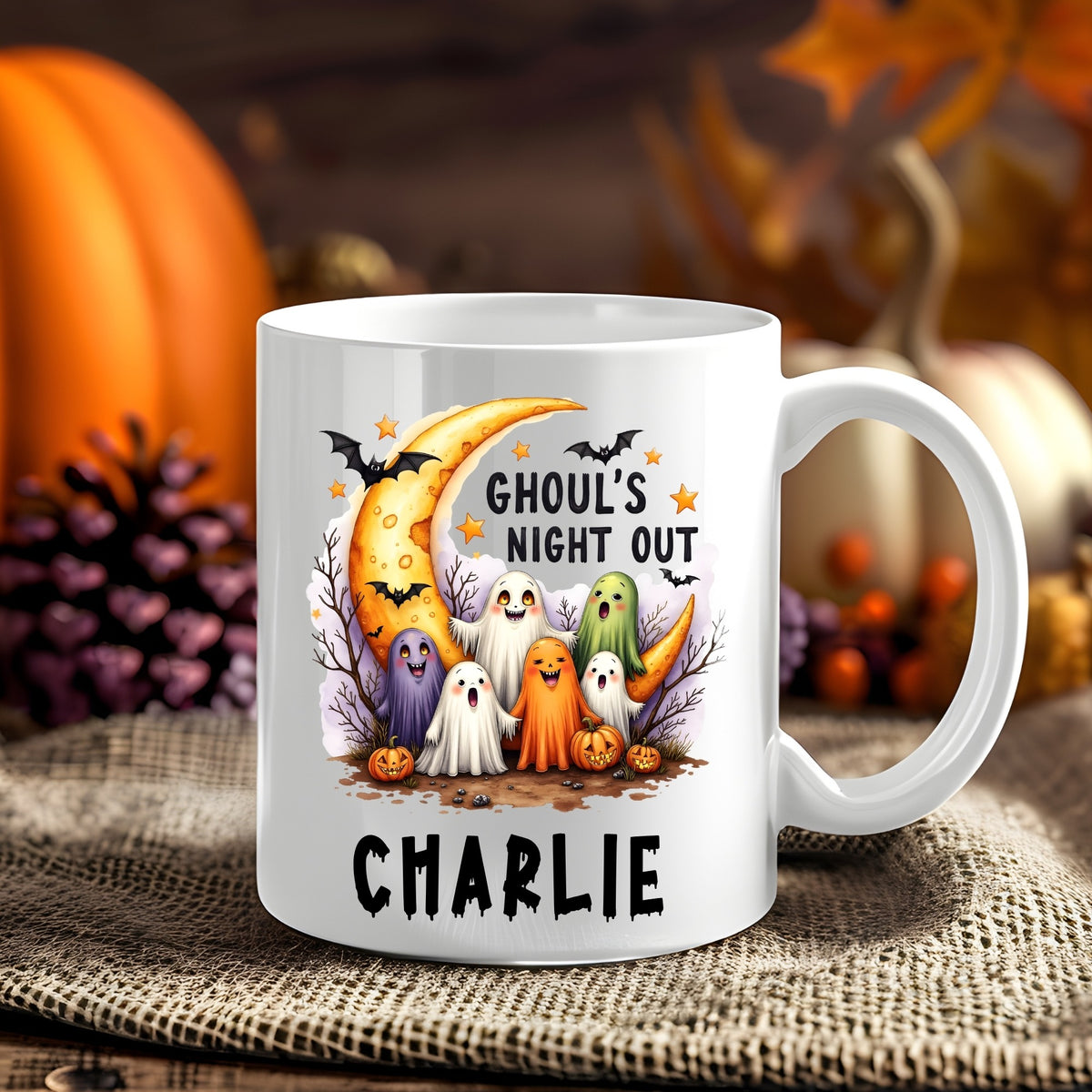 Personalised Halloween Loading Ghosts Halloween 11oz mug showing a cute ghost, pumpkin, skeleton and zombie over a loading bar