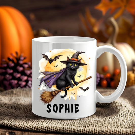 Personalised Flying Witch Cat Halloween 11oz mug showing a black witch cat in a purple cape riding a broomstick