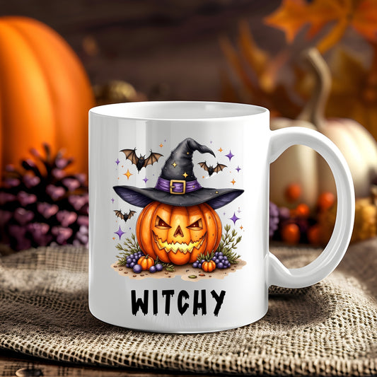 Personalised Resting Witch Face Halloween 11oz mug showing a witch-hatted jack-o'-lantern with a potion bottle