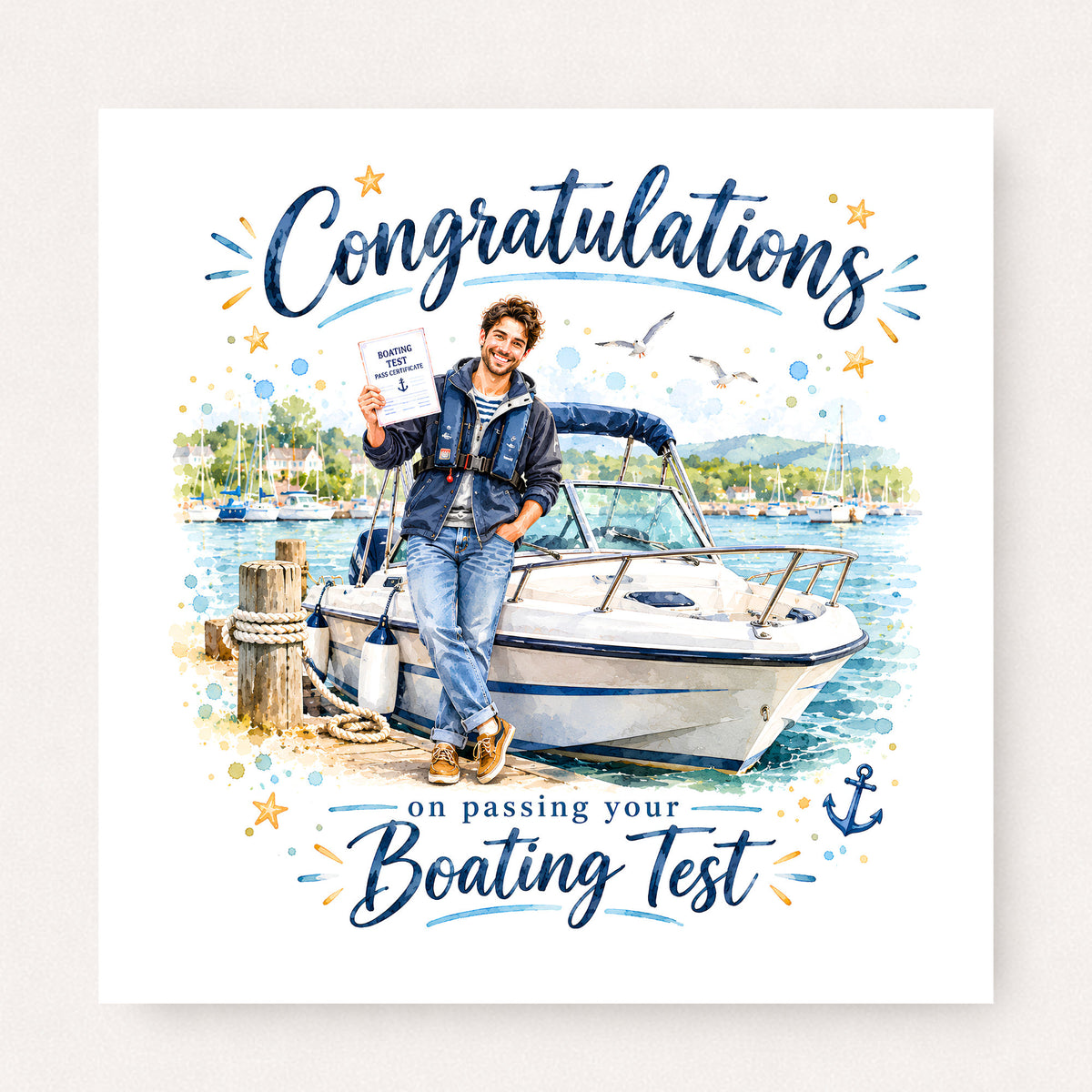 Boating Test Congratulations Card featuring illustrated congratulatory artwork