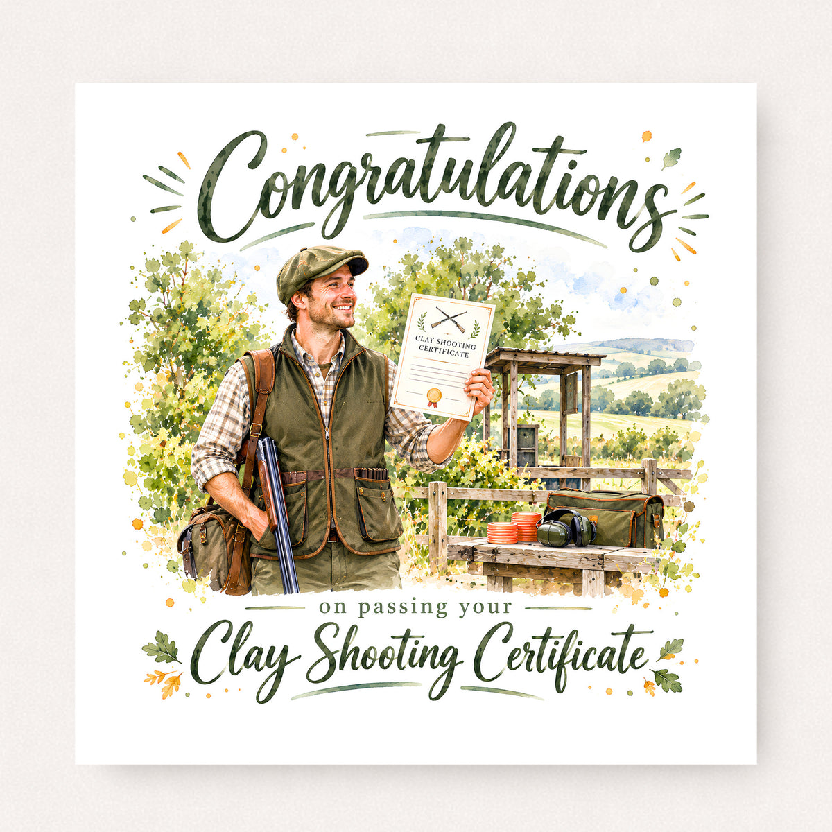 Clay Shooting Certificate Congratulations Card featuring illustrated congratulatory artwork