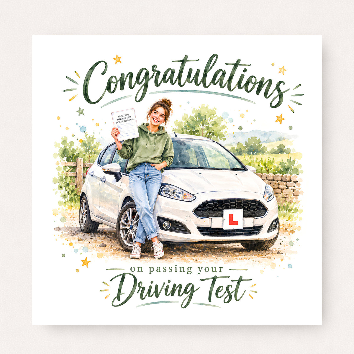 Driving Test Congratulations Card featuring illustrated congratulatory artwork