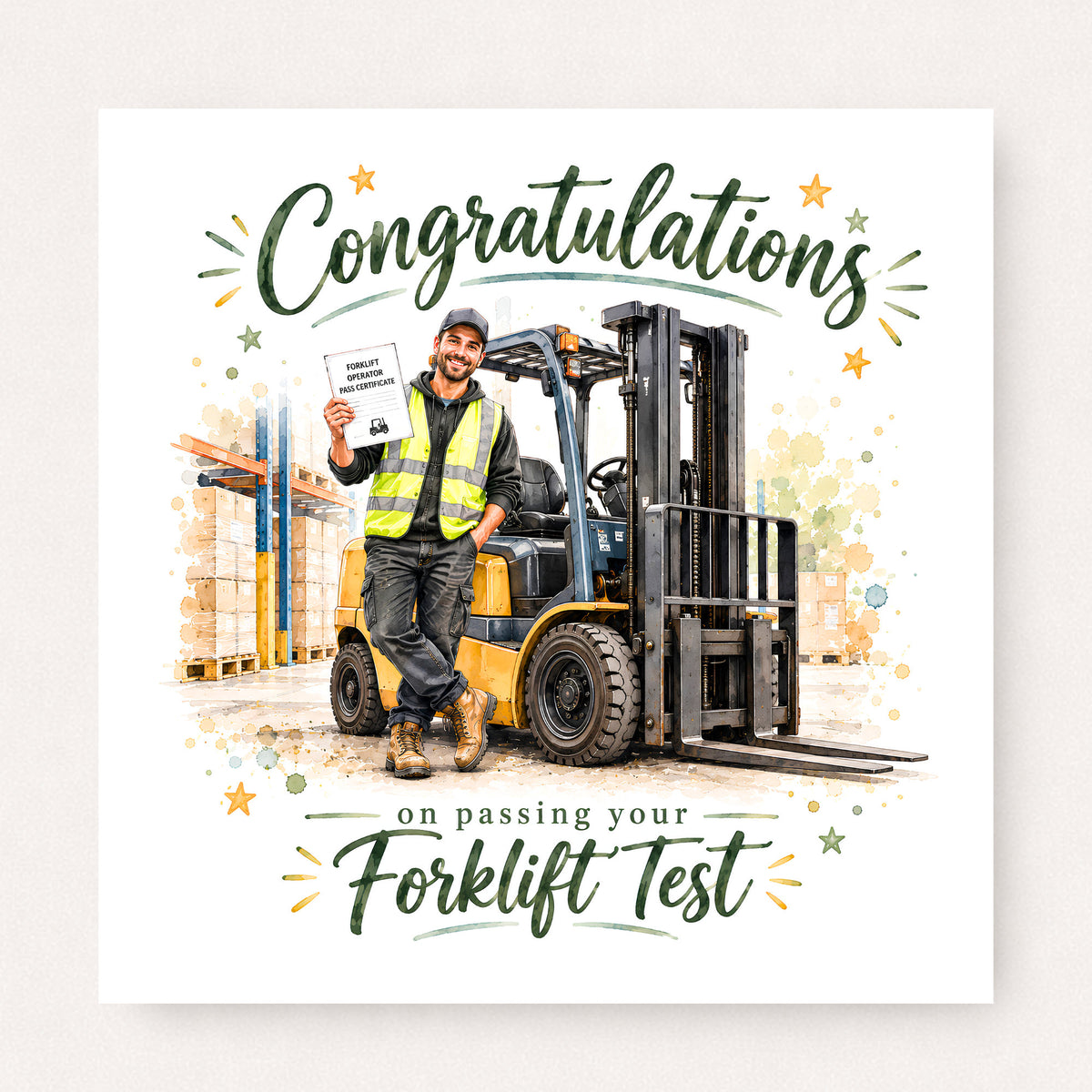 Forklift Test Congratulations Card featuring illustrated congratulatory artwork