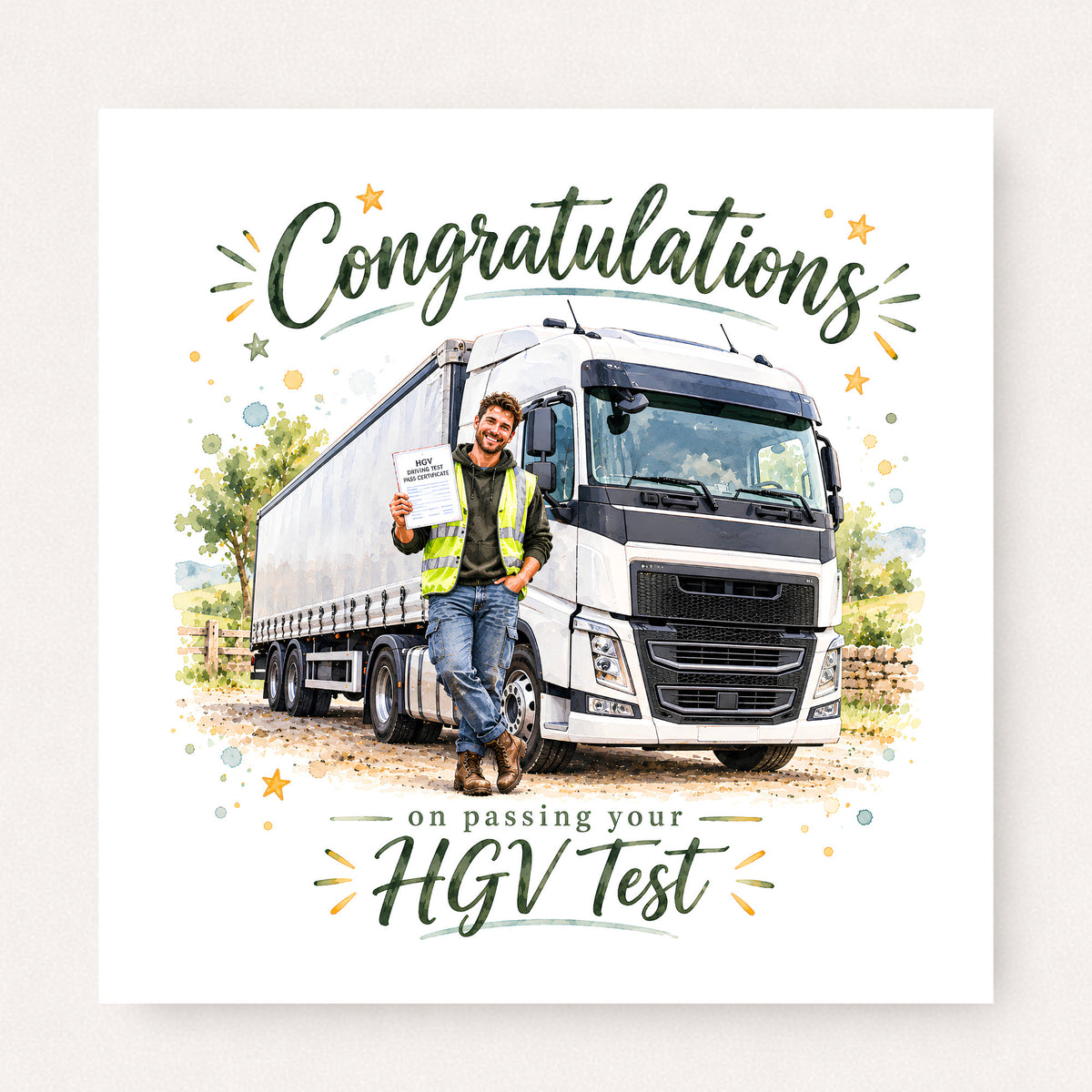 HGV Test Congratulations Card featuring illustrated congratulatory artwork