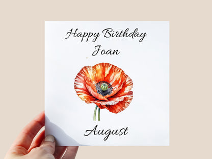 Personalised August Birth Flower Birthday Card – Poppy Design – Mum/ Friend / Daughter / Auntie/ Cousin