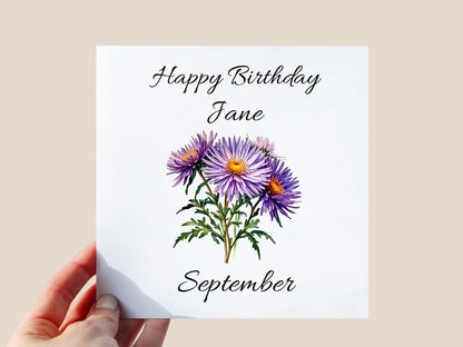 Personalised September Birth Flower Birthday Card – Aster Flower Design – Mum/ Friend / Daughter / Auntie/ Cousin / Gift