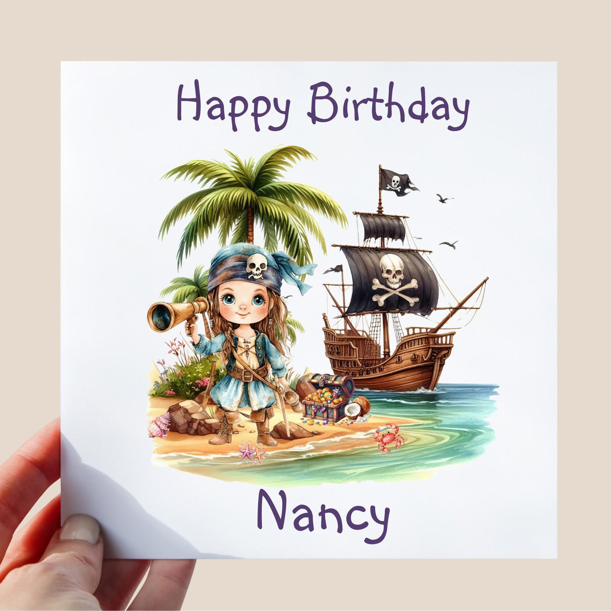 Personalised Pirate Birthday Card for Daughter, Granddaughter or Niece, Girl Pirate Custom Name Card