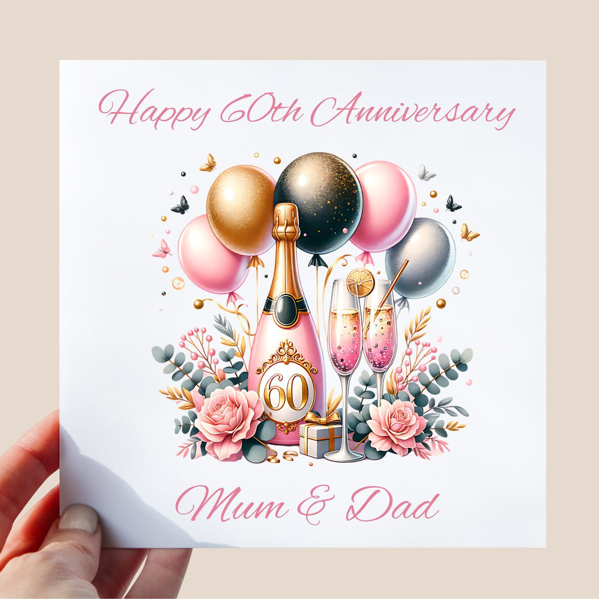 Personalised 60th Anniversary Card for Mum and Dad | Diamond Wedding Celebration | Champagne & Balloons Design | Special Parents Gift