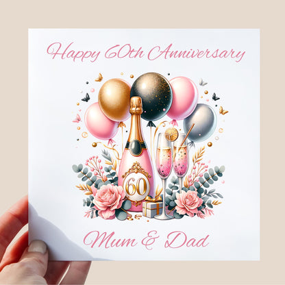 Personalised 60th Anniversary Card for Mum and Dad | Diamond Wedding Celebration | Champagne & Balloons Design | Special Parents Gift