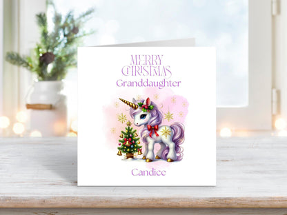 Granddaughter Christmas Card – Personalised Card, Festive Unicorn, Christmas Greeting Card,  Festive Card, Xmas Card, Custom Card