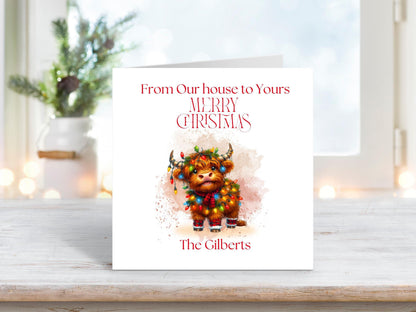 Personalised Family Christmas Card – Festive Highland Cow, "From Our House to Your House", Holiday Greeting Card, Special Family Card