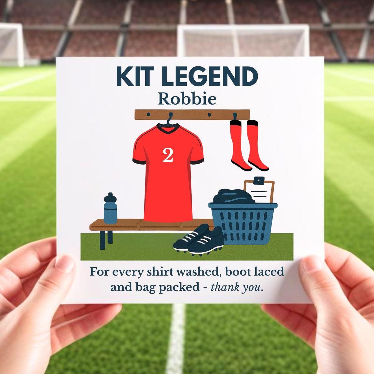 Personalised Football Kit Legend Thank You Card – Custom Shirt Colour, Number & Name – Coach, Kit Man or Team Helper Gift