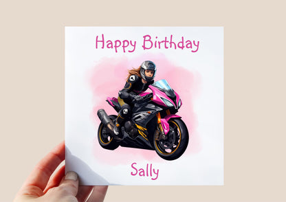 Personalised Birthday Card For Mum, Female Racing Biker, Woman Biker, Card for Mother, Female Biker Card, Custom Biker Card