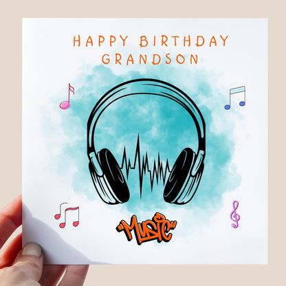 Personalised Birthday Card for Grandson, Music Lover Gift, Grandson Card, Brother, Sister, Heaphones Theme, Music Notes, Musical Themed Card