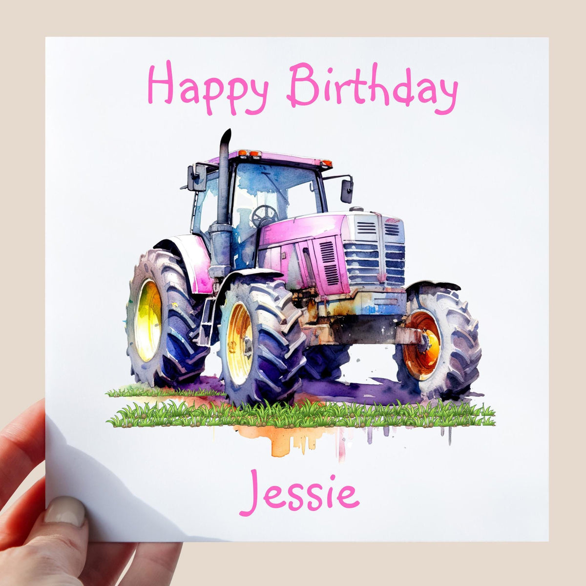 Personalised Pink Tractor Birthday Card - Farm Theme Custom Birthday Card - Tractor Lover Gift - Kids or Adults Birthday Card, Farm Life