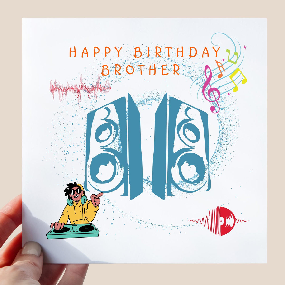 Personalised DJ Birthday Card for Brother, Music Lover Gift, Grandson Card, Brother, Music Decs, Musical Themed Card, Music Speakers