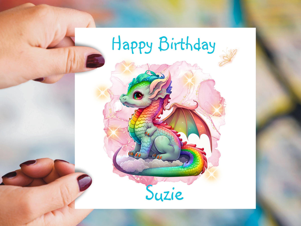 Cute Baby Dragon Birthday Card For Granddaughter, Personalised, Rainbow Colours Effect, for Girls, magical dragon, Whimsical Design, Cute