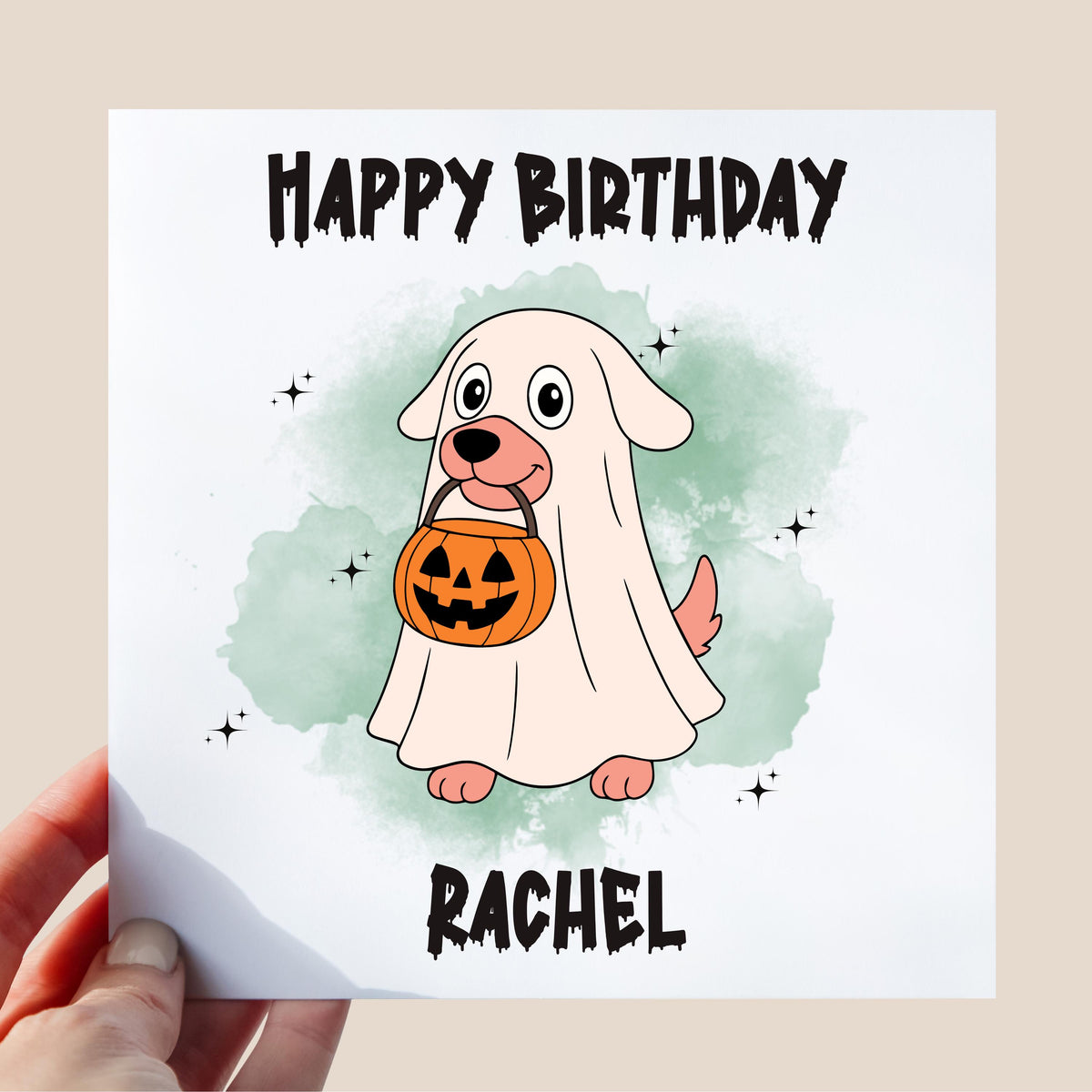 Personalised Halloween Birthday Card: Pumpkin Dog Ghost Costume