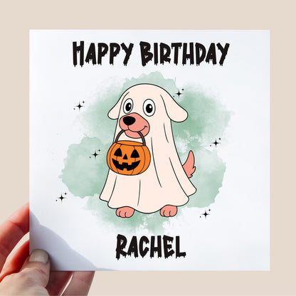 Personalised Halloween Birthday Card: Pumpkin Dog Ghost Costume