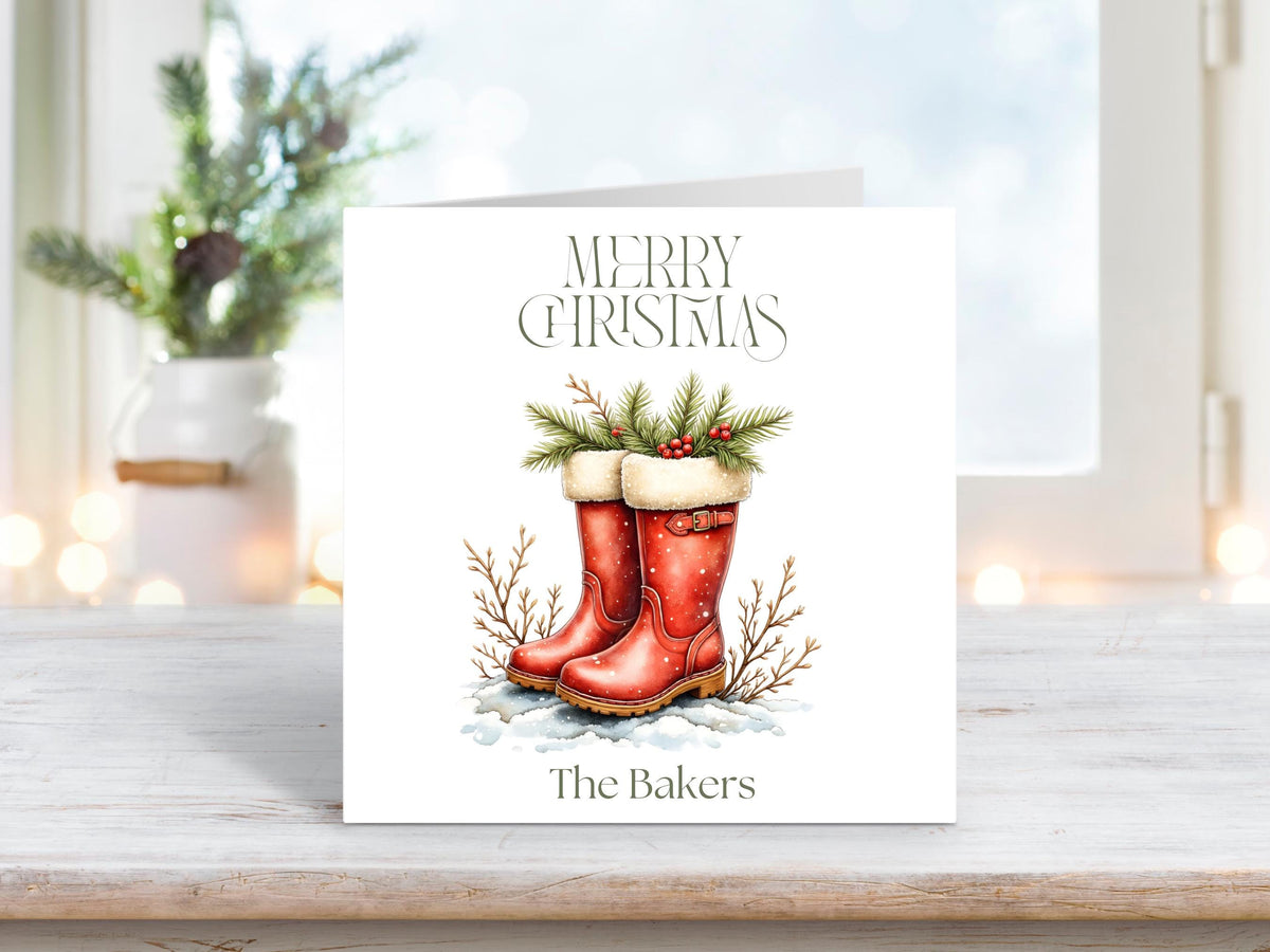 Personalised Family Name Christmas Card for Friends & Family | Red Boots Watercolor Holiday Greeting | Custom Merry Xmas Card