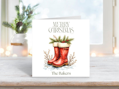 Personalised Family Name Christmas Card for Friends & Family | Red Boots Watercolor Holiday Greeting | Custom Merry Xmas Card