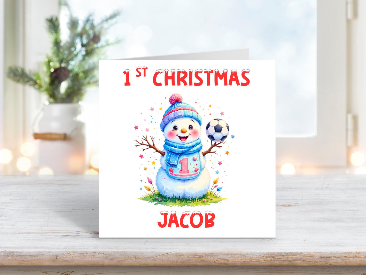 Personalised 1st Christmas Card | Baby Boy’s First Christmas Card | Snowman Football Design, Grandson, Son, Brother, Nephew, Football