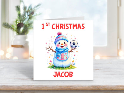 Personalised 1st Christmas Card | Baby Boy’s First Christmas Card | Snowman Football Design, Grandson, Son, Brother, Nephew, Football