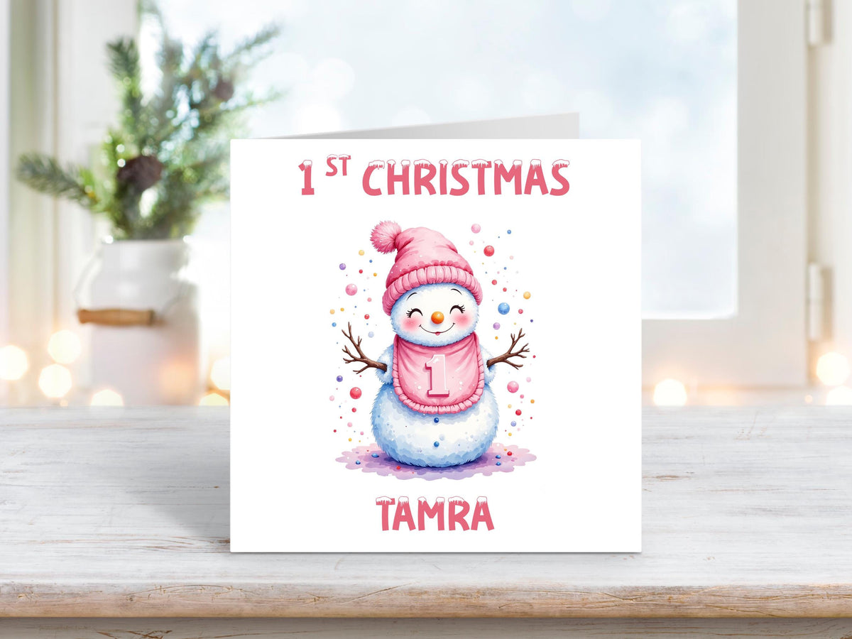 Personalised 1st Christmas Card for Baby Girl – Pink Snowman Design – Baby’s First Christmas Card with Name