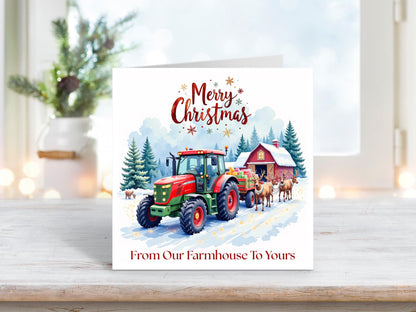 A heartwarming countryside Christmas card featuring a red tractor and reindeer on a snowy farm scene – perfect for sending festive wishes from one farm to another.