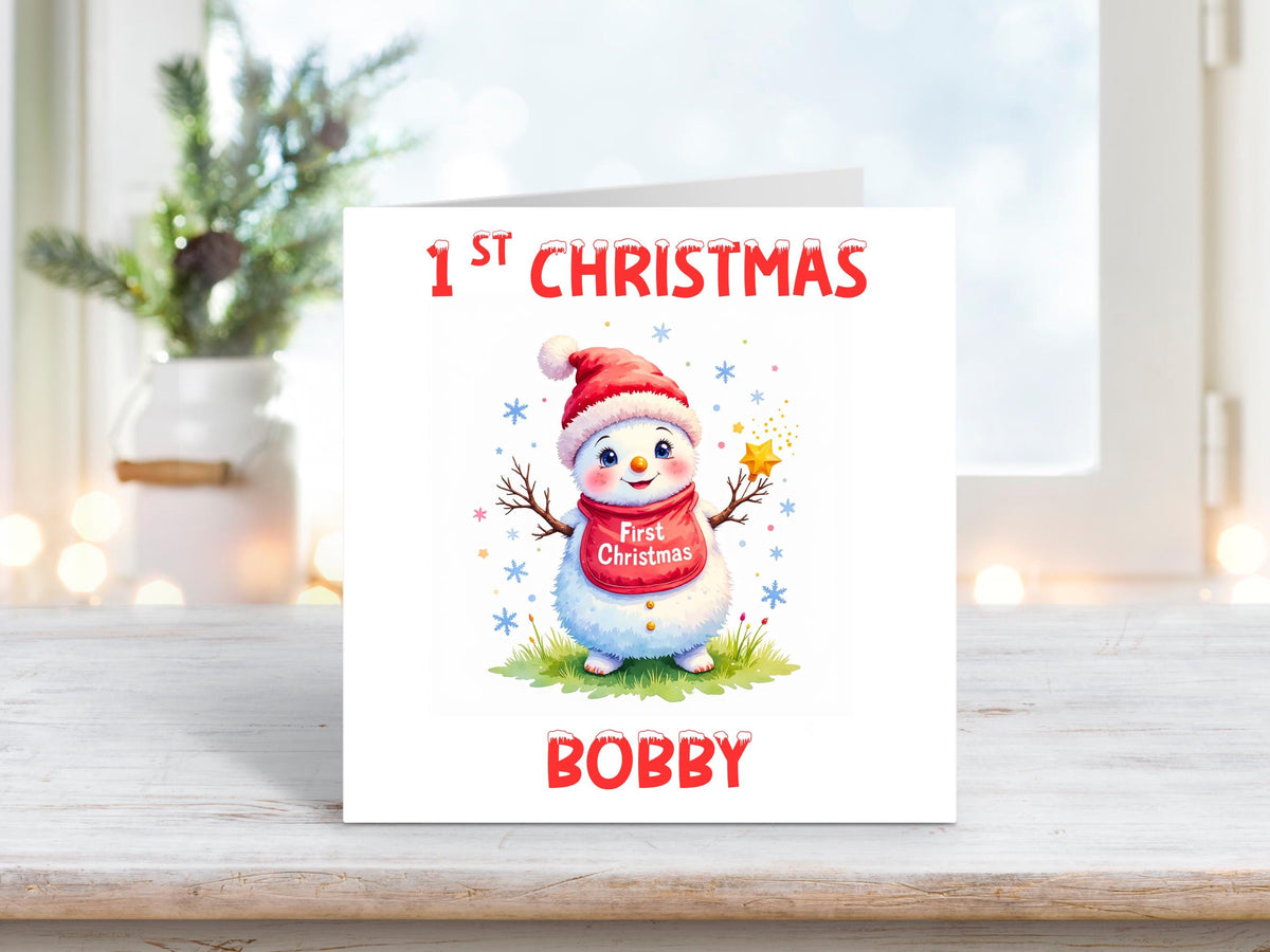 Personalised First Christmas Card, Baby's 1st Christmas Card, Custom Name Snowman Xmas Card, Grandchild Niece Nephew, Son, Daughter