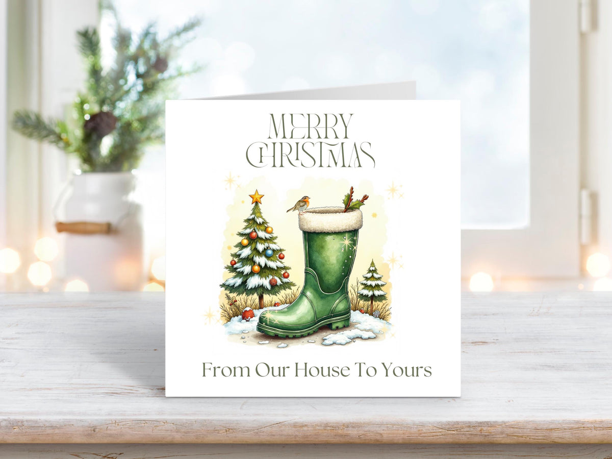 Personalised Merry Christmas Card – From Our House To Yours | Friends and Family | Rustic Holiday Greeting Card