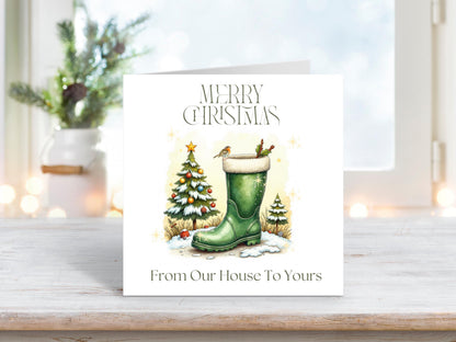Personalised Merry Christmas Card – From Our House To Yours | Friends and Family | Rustic Holiday Greeting Card