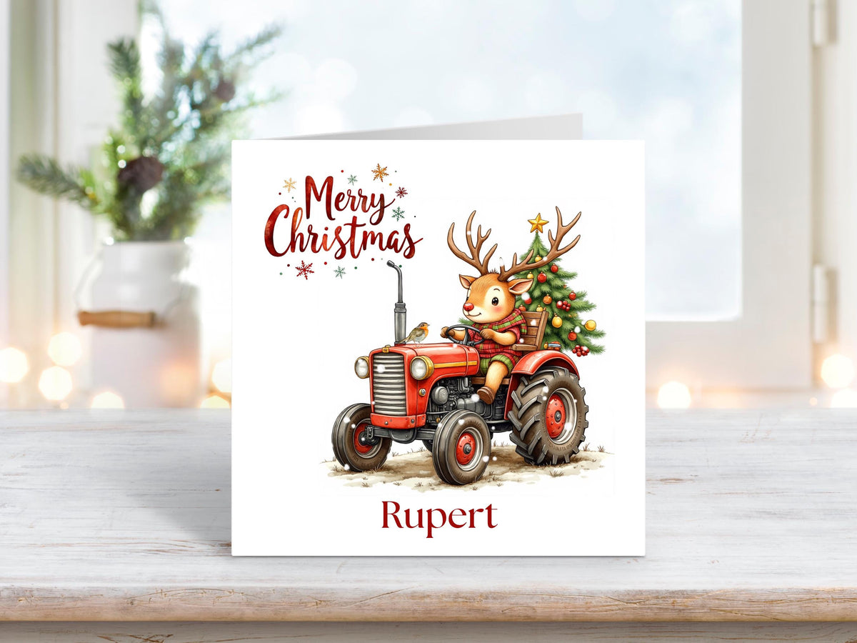 Personalised Christmas Card – Reindeer on Tractor, Grandson, Son, Brother, Farming Christmas Card,Country Christmas Card