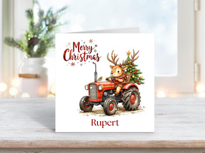 Personalised Christmas Card – Reindeer on Tractor, Grandson, Son, Brother, Farming Christmas Card,Country Christmas Card