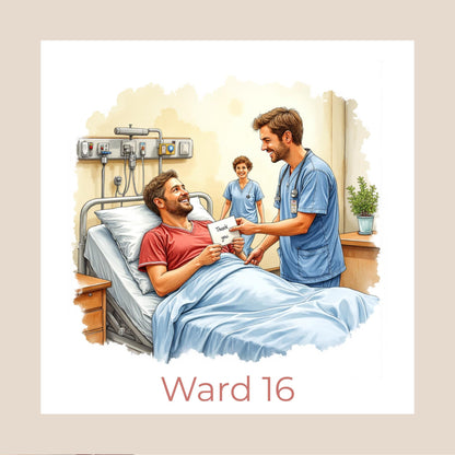 Illustrated hospital thank you card featuring a male nurse receiving flowers from a patient in bed, with a personalised ward name or number displayed below.