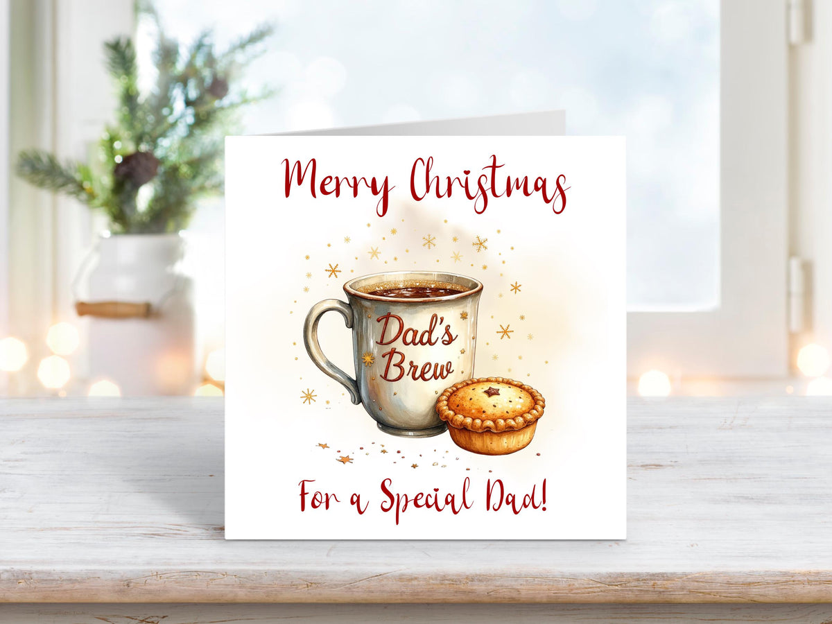 Christmas card featuring a festive mug with “Dad’s Brew” written on it, next to a mince pie surrounded by golden stars, with the words “Merry Christmas For a Special Dad.”