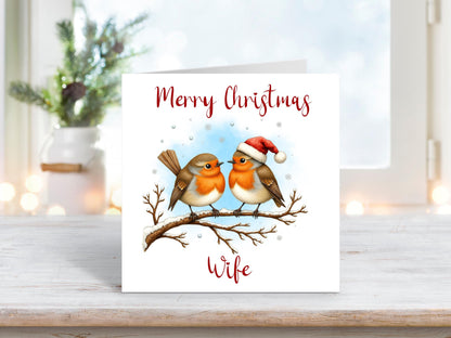 Christmas card for wife featuring two robins on a snowy branch, one wearing a Santa hat, with snow falling.