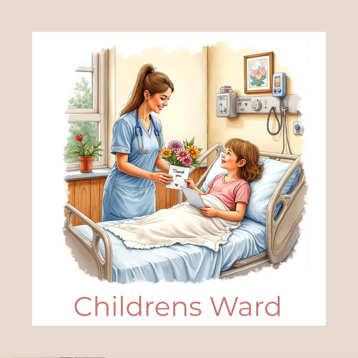 Personalised Hospital Thank You Card – Female Nurse Design (Ward Name or Number, Child–Elderly Patient)