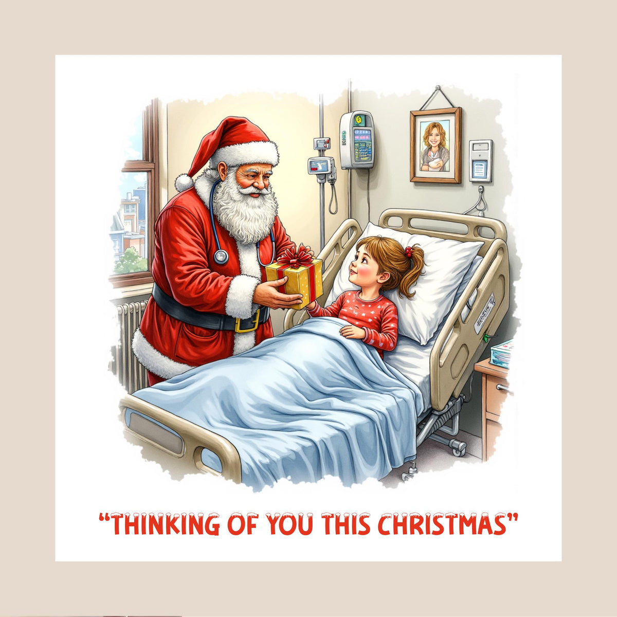 Santa Claus visiting a child in a hospital bed, giving a Christmas present in a warm, softly lit ward setting — available in boy or girl variations.