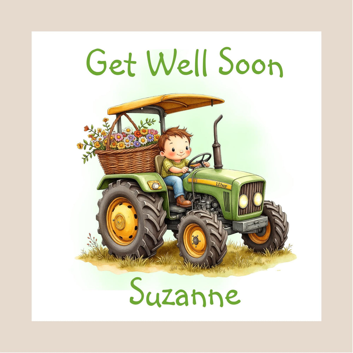 Hand-drawn illustration of a young child sitting on a green tractor carrying a large basket of colourful flowers, on a white background, personalised with a name.