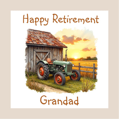 Hand-drawn style vintage green tractor parked beside an old wooden barn at sunset, set on a white background with personalised retirement text.