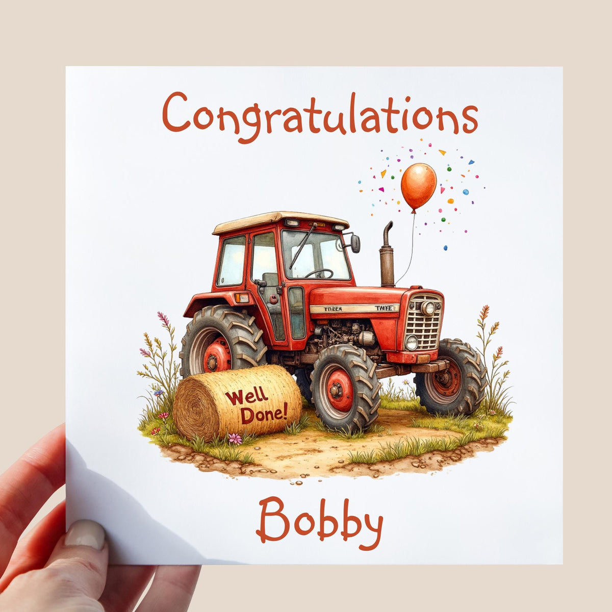 Hand-drawn style red tractor on countryside ground with hay bale reading “Well Done!”, a red balloon and confetti, on a clean white background with personalised text.
