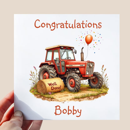 Hand-drawn style red tractor on countryside ground with hay bale reading “Well Done!”, a red balloon and confetti, on a clean white background with personalised text.