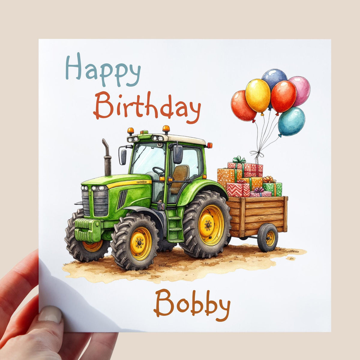 Hand-drawn style green tractor pulling a wooden trailer filled with colourful presents and balloons, on a white background, personalised with a child’s name.
