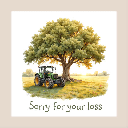 Hand-drawn green tractor parked beneath a large tree in a peaceful countryside field at sunset, on a white background, with sympathy text.